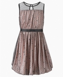 Darling sleeveless dress draped with a mesh of sequin accents is this sweet sophisticated dress by DKNY. Darling sleeveless dress draped with a mesh of sequin accents is this sweet sophisticated dress by DKNY.