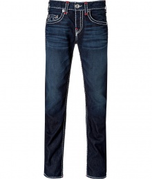 With Western-inspired details, these stylish distressed jeans from True Religion will amp up your casual basics - Classic five-pocket styling, fading details, decorative back pockets with logo detail, contrast stitching - Straight leg, slim fit - Pair with a tee and a blazer or a cashmere sweater With Western-inspired details, these stylish distressed jeans from True Religion will amp up your casual basics - Classic five-pocket styling, fading details, decorative back pockets with logo detail, contrast stitching - Straight leg, slim fit - Pair with a tee and a blazer or a cashmere sweater