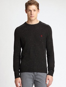 Classic crewneck sweater is impeccably knitted in a rich wool and cotton blend with contrasting donegal details, accented with an embroidered penguin detail at the chest.CrewneckRibbed knit collar, cuffs and hemWool/cotton/acrylicDry cleanImported Classic crewneck sweater is impeccably knitted in a rich wool and cotton blend with contrasting donegal details, accented with an embroidered penguin detail at the chest.CrewneckRibbed knit collar, cuffs and hemWool/cotton/acrylicDry cleanImported