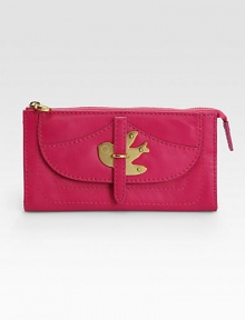 Signature swallow hardware defines this sleek flap-front design, crafted from supple leather.Top-zip closure One outside flap pocket One inside zip pocket One inside open pocket Eight credit card slots Fully lined 7½W X 4H X 1/2D Imported Signature swallow hardware defines this sleek flap-front design, crafted from supple leather.Top-zip closure One outside flap pocket One inside zip pocket One inside open pocket Eight credit card slots Fully lined 7½W X 4H X 1/2D Imported