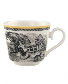 Mix and match, choosing from four patterns of black-and-white French country scenes and designs on white porcelain banded in yellow. Mix and match, choosing from four patterns of black-and-white French country scenes and designs on white porcelain banded in yellow.