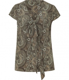 A neutral-hued paisley print lends earthy style to this silk tie-neck top from Steffen Schraut - V-neck with tie detail, short sleeves, slim fit- Pair with slim trousers, a pencil skirt, or skinny jeans