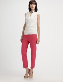 Crisp and tailored on top with jersey cummerbund waist gives this blouse a structured yet slimming shape.Mandarin collarSleevelessConcealed front closuresFront pleatsRuched bottom panelConcealed side zip74% cotton/21% polyamide/5% elastaneImported of Swiss fabricModel shown is 5'9 (175cm) wearing US size 4. Crisp and tailored on top with jersey cummerbund waist gives this blouse a structured yet slimming shape.Mandarin collarSleevelessConcealed front closuresFront pleatsRuched bottom panelConcealed side zip74% cotton/21% polyamide/5% elastaneImported of Swiss fabricModel shown is 5'9 (175cm) wearing US size 4.