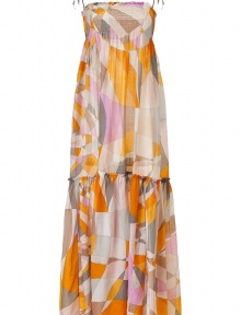 The classic Pucci print gets a romantic redux with this summer-ready maxi dress - Adjustable tie spaghetti straps, shirred bodice, empire waist, flared full skirt with ruffled tier, floor-sweeping length, all-over geometric print - Style with platform sandals and a floppy hat The classic Pucci print gets a romantic redux with this summer-ready maxi dress - Adjustable tie spaghetti straps, shirred bodice, empire waist, flared full skirt with ruffled tier, floor-sweeping length, all-over geometric print - Style with platform sandals and a floppy hat