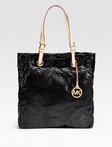 An illuminating python-embossed leather silhouette with contrast matte straps. Shoulder straps, 9 drop Snap closure One inside zip pocket One inside open pocket Metallic leather lining 14W X 15H X 4D Imported An illuminating python-embossed leather silhouette with contrast matte straps. Shoulder straps, 9 drop Snap closure One inside zip pocket One inside open pocket Metallic leather lining 14W X 15H X 4D Imported