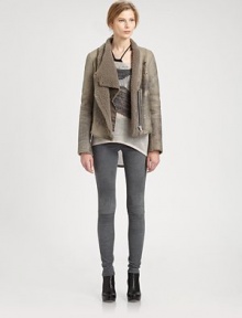From understated to downtown-chic, this distressed leather jacket finishes the look with dyed shearling trim and a draped front. Dyed shearling collarFront zipper; snap closuresLong sleeves with zippered cuffsDyed shearling liningAbout 25 from shoulder to hemBody: LeatherTrim: Dyed shearlingDry cleanImportedFur origin: SpainModel shown is 5'9 (176cm) wearing US size Small. From understated to downtown-chic, this distressed leather jacket finishes the look with dyed shearling trim and a draped front. Dyed shearling collarFront zipper; snap closuresLong sleeves with zippered cuffsDyed shearling liningAbout 25 from shoulder to hemBody: LeatherTrim: Dyed shearlingDry cleanImportedFur origin: SpainModel shown is 5'9 (176cm) wearing US size Small.