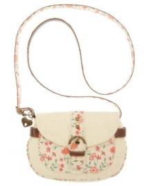 Pretty floral detailing adds a femme charm to this easy-going crossbody from American Rag. This adorable style features lightly distressed details and a fun heart detail at handle base. Pretty floral detailing adds a femme charm to this easy-going crossbody from American Rag. This adorable style features lightly distressed details and a fun heart detail at handle base.