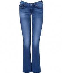 Stylish, straight-leg jeans in fine, medium-blue wash cotton - Features True Religion signature stitching on two back flap pockets, subtle fading, creases at knee, and zipper and single-button closure - Favorite jeans for a girls night out with a sexy tank and heels Stylish, straight-leg jeans in fine, medium-blue wash cotton - Features True Religion signature stitching on two back flap pockets, subtle fading, creases at knee, and zipper and single-button closure - Favorite jeans for a girls night out with a sexy tank and heels