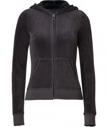 Finish off-duty looks on a chic note with Juicy Coutures black velour hoodie - Hooded, front zip closure, long sleeves, split kangaroo pocket - Slim fit - Pair with matching pants, favorite jeans, or mini-skirts