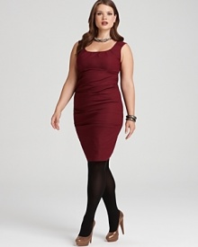 Make a dramatic fashion statement with a ruched silhouette in a rich ruby hue on this Eileen Fisher dress.