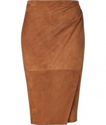Luxe skirt in sumptuous, supple tobacco suede - A chic classic from American luxury label Ralph Lauren - Feminine and fitted pencil cut creates a flattering silhouette - Elegant wrap style with gathered drape detail - Hits at knee - Slightly higher waist sits comfortably at hips - Zips at back - Versatile and sophisticated, seamlessly transitions from day to evening - Pair with a button down or a silk blouse and platform pumps or sandals Luxe skirt in sumptuous, supple tobacco suede - A chic classic from American luxury label Ralph Lauren - Feminine and fitted pencil cut creates a flattering silhouette - Elegant wrap style with gathered drape detail - Hits at knee - Slightly higher waist sits comfortably at hips - Zips at back - Versatile and sophisticated, seamlessly transitions from day to evening - Pair with a button down or a silk blouse and platform pumps or sandals