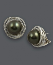 Sweet studs are the perfect face-framing touch. Effy Collection earrings highlight a black cultured Tahitian pearl (12-1/2 mm) surrounded by overlapping swirls of round-cut diamonds (1-1/10 ct. t.w.). Set in 14k white gold. Approximate diameter: 3/4 inch. Sweet studs are the perfect face-framing touch. Effy Collection earrings highlight a black cultured Tahitian pearl (12-1/2 mm) surrounded by overlapping swirls of round-cut diamonds (1-1/10 ct. t.w.). Set in 14k white gold. Approximate diameter: 3/4 inch.