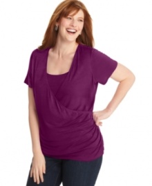 Snag a slimmer looking shape with Elementz' short sleeve plus size top, featuring a flattering faux wrap design.