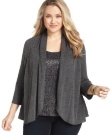 Snag two styles for one low price with Elementz' layered look plus size top, featuring a cardigan and metallic inset.