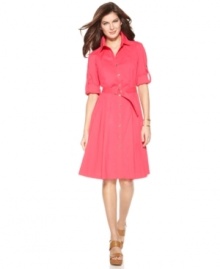 Boy-meets-girl in this look from Ellen Tracy. A classic button-front shirt is redesigned as a shirtdress with a full A-line skirt for total femininity. Boy-meets-girl in this look from Ellen Tracy. A classic button-front shirt is redesigned as a shirtdress with a full A-line skirt for total femininity.