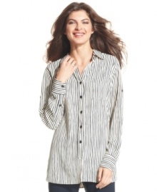 Striking stripes make Ellen Tracy's oversized shirt completely chic and on-trend. Pair it with black pants for a modern look or with a bright skirt to dress it up!