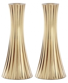 Always radiant, the Gold Vertical candlestick from Donna Karan Lenox is wrapped in long metal channels that overlap to create a simple cone shape.