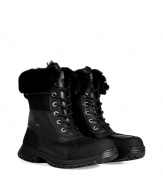Brave the elements in comfort and style in these sporty weather boots from cult-label UGG Australia - Shearling cuff, waterproof full-grain leather/nylon, rubber lug sole, stay-dry shearling lining - Hits above the ankle - Wear with broken-in jeans, flannels, and puffy down jackets