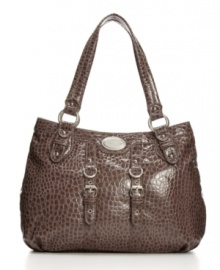 Patent gloss and a lizard texture give this Nine West purse a distinctively elegant appeal. Patent gloss and a lizard texture give this Nine West purse a distinctively elegant appeal.