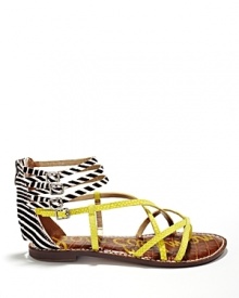 Neon, snakeskin embossed leather bands together with zebra printed calf hair on Sam Edelman's standout Gable sandals, a trend-right style that demands attention.