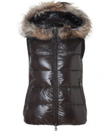 Stay warm while maintaining your impeccable style in this lightweight yet luxe down vest from Duvetica - Fur-lined hood, front two-way zip closure, sleeveless, zip pockets, quilted - Wear with an elevated jeans-and-tee ensemble and shearling lined boots Stay warm while maintaining your impeccable style in this lightweight yet luxe down vest from Duvetica - Fur-lined hood, front two-way zip closure, sleeveless, zip pockets, quilted - Wear with an elevated jeans-and-tee ensemble and shearling lined boots