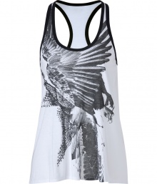 Detailed with a collaged bird print and an incredibly chic drape, Helmuts racer-back tank is an easy way to give your look that iconic edgy feel - Graphic bird print on front, scoop neckline, racer back, black trim, loosely draped hemline - Loosely fitted - Wear with edgy leather leggings and sleek black ankle boots