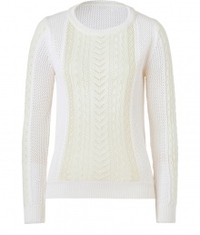 Stylish sweater made ..of fine, white angora-wool blend has a casual, yet elegant look - Features a large knit and off-white lace detail - Slim-waisted silhouette with a round neck and long sleeves - Stunning with jeans and boots or with a pencil skirt and heels Stylish sweater made ..of fine, white angora-wool blend has a casual, yet elegant look - Features a large knit and off-white lace detail - Slim-waisted silhouette with a round neck and long sleeves - Stunning with jeans and boots or with a pencil skirt and heels