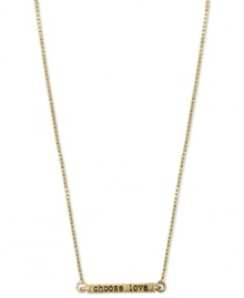 The choice is yours with this beautiful bar pendant necklace from RACHEL Rachel Roy. The rectangular bar is engraved with Choose Love. Crafted in worn gold tone mixed metal. Approximate length: 19 inches + 3-inch extender. Approximate diameter: 1 inch.