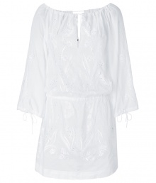 Romantic white tunic top is perfect for summer days - Drawstring creates sweets, flirtatious round neckline with tie closure -  Wide, 3/4-length sleeves feature ties - Enhanced waist - White-on-white floral embroidery with eyelets - Pair with skinny jeans or leggings and simple sandals for a relaxed warm-weather look