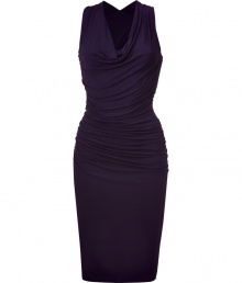 Make a subtle-yet-sexy statement in this cocktail-ready ruched dress from Donna Karan - Draped cowl neckline, sleeveless, draped sides with ruching, crisscross back ruche detail, fitted silhouette, pencil skirt - Wear with metallic sandals and an embellished clutch