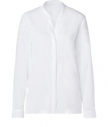 The classic white blouse gets a modern makeover with this breezy, sheer version from Hugo - Stand collar, concealed front button placket, long sleeves, relaxed silhouette, semi-sheer - Pair with slim jeans, cropped trousers, or a pencil skirt