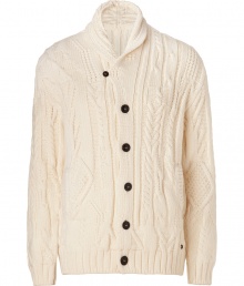 A timeless classic with limitless wearing possibilities, Woolrichs cabled shawl collar cardigan is a must for your winter knitwear wardrobe - Shawl collar, long sleeves, chunky ribbed knit trim, button-down front, slit pockets - Classic fit - Wear with flannels, cords and weather boots A timeless classic with limitless wearing possibilities, Woolrichs cabled shawl collar cardigan is a must for your winter knitwear wardrobe - Shawl collar, long sleeves, chunky ribbed knit trim, button-down front, slit pockets - Classic fit - Wear with flannels, cords and weather boots