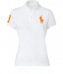 Detailed in breathable cotton mesh, Ralph Laurens neon detailed big pony polo is a cool modern take on this iconic style - Small collar, button placket, short sleeves, oversized neon orange embroidered polo player at chest and number patch on sleeve, slit sides, high-low hemline - Classic slim fit - Wear with your favorite jeans and just as bright loafers