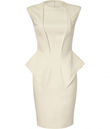 Sculptural and futuristic, this ultra-chic sheath from Hakaan boasts a figure-enhancing peplum and a flattering fitted silhouette - Round neck, sleeveless, pleated panels at bust, pencil skirt with peplum panels, concealed back zip closure - Wear with statement heels and an embellished clutch