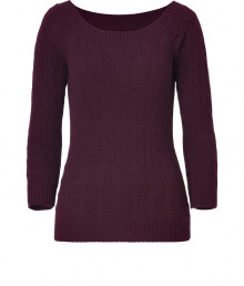 Super soft and ultra flattering, Ralph Laurens ballet neck cashmere cable knit pullover counts as a must for luxe feminine looks - Wide scooped neckline, 3/4 sleeves, fine ribbed trim, fitted - Pair with favorite jeans and patent leather ballerinas for a preppy-chic finish