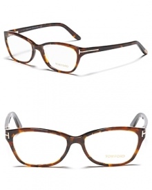 Tom Ford showcases the must-have wayfarer shape on a dark havana-hued pair of optical frames, ready to be used with a prescription or worn with clear frames.