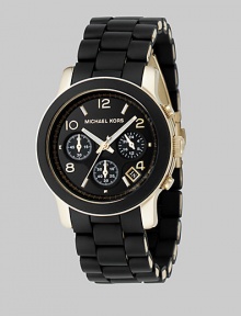 A new take on a traditional design, this gold IP stainless steel bracelet is wrapped in contrast polyurethane. Chronograph movement Water resistant to 100 meters Round case, 38mm Black glossy dial with Arabic numerals and stick indexes Date display between 4 and 5 o'clock Second hand Stainless steel link bracelet wrapped in polyurethane Bracelet width, about 20mm, .79 Imported