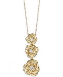 This style exudes romance. Wrapped in Love™ pendant features three luminous knots that each cradle a sparkling round-cut diamond (1/5 ct. t.w.). Set in 14k gold. Approximate length: 18 inches. Approximate drop: 1-1/4 inches. This style exudes romance. Wrapped in Love™ pendant features three luminous knots that each cradle a sparkling round-cut diamond (1/5 ct. t.w.). Set in 14k gold. Approximate length: 18 inches. Approximate drop: 1-1/4 inches.