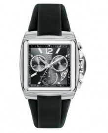 Sporty and durable with unmistakable quality. This ESQ by Movado watch features a black rubber strap and rectangular stainless steel case. Black chronograph sunray dial with silvertone stick indices, logo, three subdials, date window at numeral at twelve o'clock. Quartz movement. Water resistant to 50 meters. Two-year limited warranty. Sporty and durable with unmistakable quality. This ESQ by Movado watch features a black rubber strap and rectangular stainless steel case. Black chronograph sunray dial with silvertone stick indices, logo, three subdials, date window at numeral at twelve o'clock. Quartz movement. Water resistant to 50 meters. Two-year limited warranty.