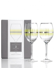 With a simply beautiful shape and funky dot design, this set of Charter Club's Novelty Fizz wine glasses creates an eye-catching look that's fun yet refined. With a simply beautiful shape and funky dot design, this set of Charter Club's Novelty Fizz wine glasses creates an eye-catching look that's fun yet refined.