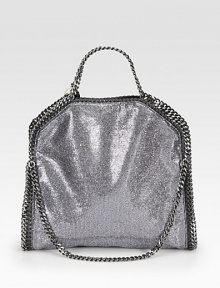 Faux leather details accent this textured metallic style with shiny link chain trim that follows the brand's vegetarian initiatives.Double chain top handles, 5 dropChain shoulder strap, 11 dropMagnetic snap closureOne inside zip pocketFully lined14W X 14½H X 3DMade in Italy Faux leather details accent this textured metallic style with shiny link chain trim that follows the brand's vegetarian initiatives.Double chain top handles, 5 dropChain shoulder strap, 11 dropMagnetic snap closureOne inside zip pocketFully lined14W X 14½H X 3DMade in Italy