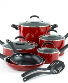 Stock up! Get ready for a world of recipes with this smart set, which includes the basics every kitchen needs to wow & please from the staple pots to the essential tools. Each cookware piece is crafted from durable aluminum coated in a superior nonstick with a dimpled surface that creates hot air pockets to cook food faster & more efficiently. Lifetime warranty. Stock up! Get ready for a world of recipes with this smart set, which includes the basics every kitchen needs to wow & please from the staple pots to the essential tools. Each cookware piece is crafted from durable aluminum coated in a superior nonstick with a dimpled surface that creates hot air pockets to cook food faster & more efficiently. Lifetime warranty.