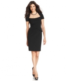 Evan Picone updates this petite sheath silhouette with a shot of peplum at the hips and a flattering take on a scoop neckline--the perfect place to showcase a gorgeous statement necklace. Evan Picone updates this petite sheath silhouette with a shot of peplum at the hips and a flattering take on a scoop neckline--the perfect place to showcase a gorgeous statement necklace.