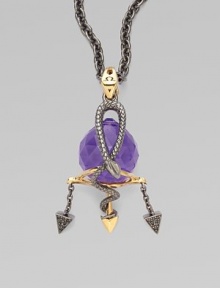 A goldplated and black rhodium plated sterling silver creation, complete with pavé black cubic zirconia, intertwines on a blue violet crystal, strung on a long elegant chain.Blue violet crystal Cubic zirconia Goldplated sterling silver Black rhodium plated sterling silver Chain length, about 30 Pendant width, about 2 Lobster clasp Imported A goldplated and black rhodium plated sterling silver creation, complete with pavé black cubic zirconia, intertwines on a blue violet crystal, strung on a long elegant chain.Blue violet crystal Cubic zirconia Goldplated sterling silver Black rhodium plated sterling silver Chain length, about 30 Pendant width, about 2 Lobster clasp Imported