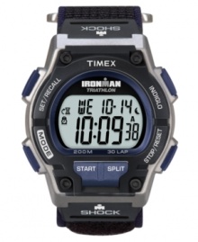 Drive towards improved performance with this Timex watch. Black and blue resin case and velcro strap. Digital display dial with logo, lap counter and INDIGLO. Quartz movement. Water resistant to 200 meters. One-year limited warranty. Drive towards improved performance with this Timex watch. Black and blue resin case and velcro strap. Digital display dial with logo, lap counter and INDIGLO. Quartz movement. Water resistant to 200 meters. One-year limited warranty.