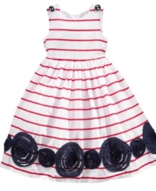 Go-anywhere gorgeous. Stripes and contrasting ribbon pattern give this Marmellata dress unique flair that's special enough for any event. Go-anywhere gorgeous. Stripes and contrasting ribbon pattern give this Marmellata dress unique flair that's special enough for any event.