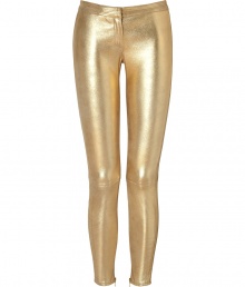 Channel your inner rock goddess in these curve-hugging gold leather pants from Faith Connexion - Seam-detailed waistband, side details, and back, cropped fit, slim silhouette - Pair with an asymmetrical hem blouse, sky-high platforms, and a statement satchel