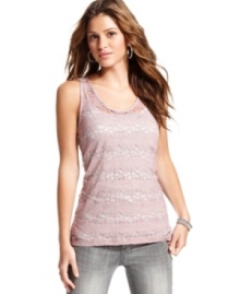 Sporty stripes meet dainty lace on a tank top of novel design! From Eyeshadow. Sporty stripes meet dainty lace on a tank top of novel design! From Eyeshadow.