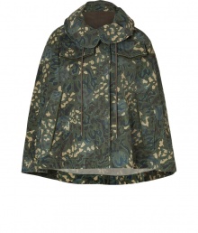 Take on the city streets in style in Marc by Marc Jacobs edgy camouflage cape - Olive round collar with drawstring, zip-away hood, flap pockets, hidden front closures - Loosely draped fit - Wear over favorite skinnies with edgy leather accessories and a chunky knit pullover Take on the city streets in style in Marc by Marc Jacobs edgy camouflage cape - Olive round collar with drawstring, zip-away hood, flap pockets, hidden front closures - Loosely draped fit - Wear over favorite skinnies with edgy leather accessories and a chunky knit pullover