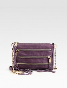 A versatile chain strap tops this downtown-ready bag with edgy exposed zippers. Detachable convertible chain and leather shoulder strap, 14 or 22 dropTop zip closureProtective metal feetThree decorative front zippersCotton lining9W X 6H X 2DImported Please note: hardware may vary. A versatile chain strap tops this downtown-ready bag with edgy exposed zippers. Detachable convertible chain and leather shoulder strap, 14 or 22 dropTop zip closureProtective metal feetThree decorative front zippersCotton lining9W X 6H X 2DImported Please note: hardware may vary.